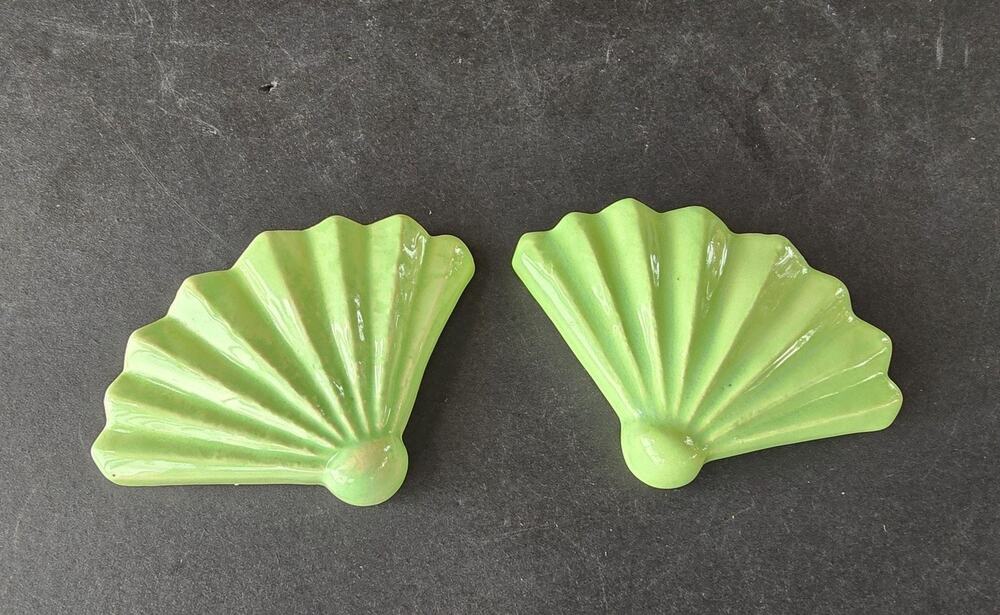 Green Ceramic Fan Shell Tiles Set 2 Small Coastal Nautical Wall Decor Accent